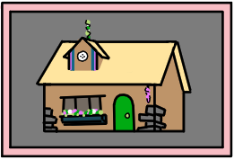 Illustration of a framed picture of a cottage.